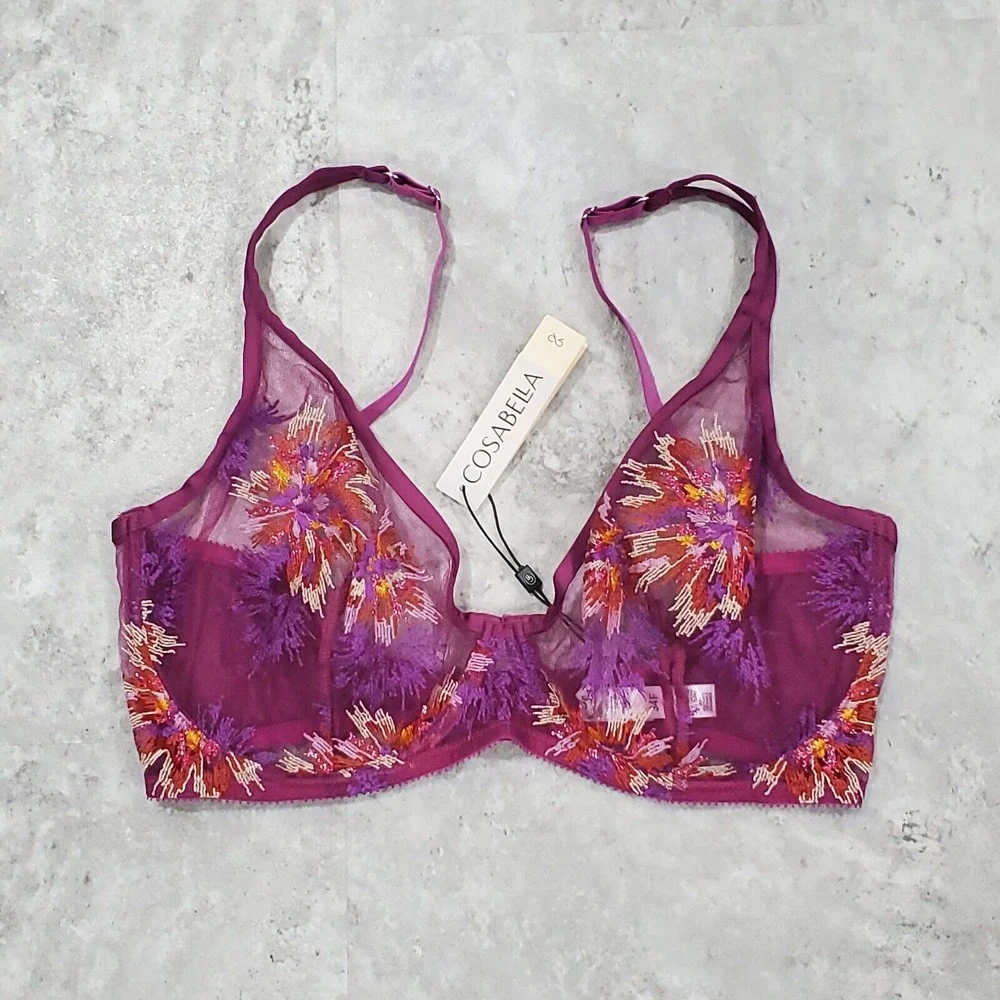 Cosabella Maasai Underwire Bra Pink Purple Floral Lace Mesh 34F NEW‎ W/ TAGS